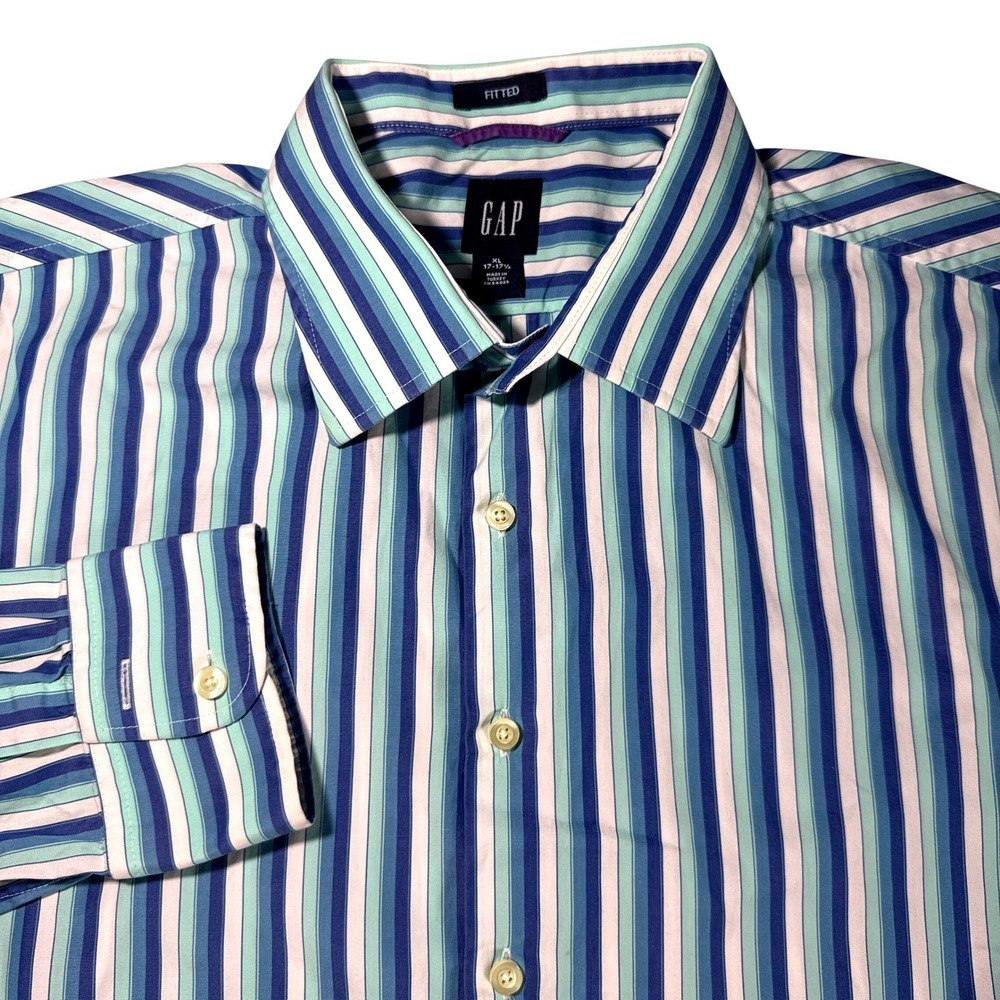 Gap Mens XL Fitted Striped Button Down Shirt Blue Teal White Long Sleeve